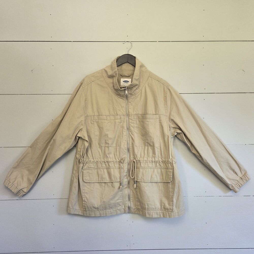Old Navy Beige Utility Jacket Full Zip Drawstring Waist Pockets Women's XXL